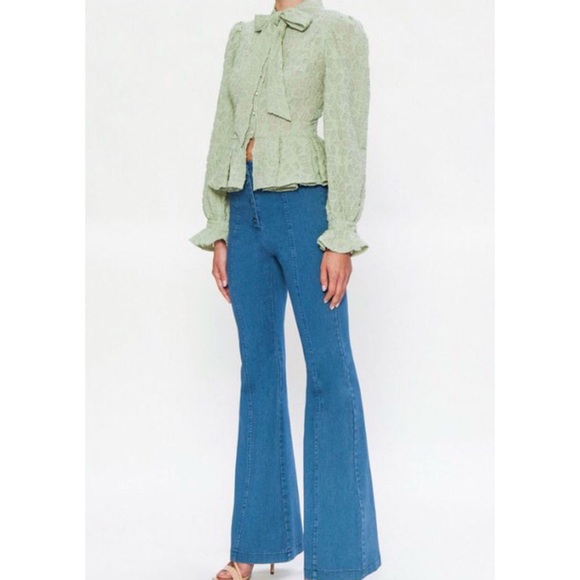 Mint green neck tie button peplum lace blouse top - Picture 8 of 9